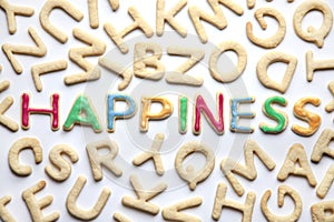 Colourfully decorated letter shaped cookies HAPPINESS amongst plain ones photo