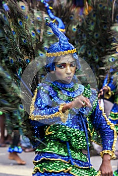 A colourfully dressed Peacock Dancer performs during the Hikkaduwa Perahera.