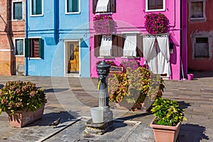 Colourfully painted house facade on Burano island, province of Venice