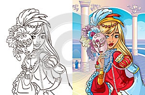 Colouring book fairy girl with carnival mask