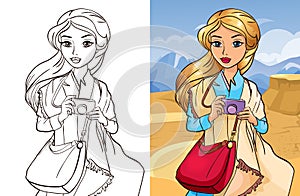 Colouring book girl with camera in desert