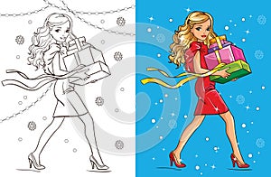 Colouring book of girl carries Christmas gifts