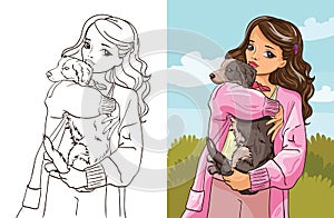 Colouring book of girl holding lovely dog