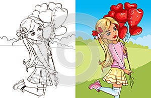 Colouring book girl with red heart balloons