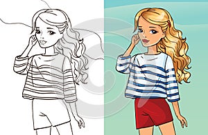 Colouring book girl in sea striped blouse