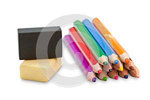 Colouring crayon pencils with erasers