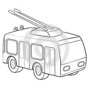 Colouring page. Cute cartoon tram. Electric trolley car on railroad. Childish design for kids coloring