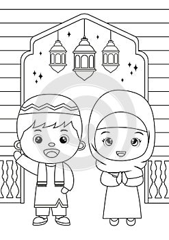Colouring page of moslem children dressed in ramadan clothes
