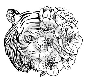 Colouring pictures with a tiger and flower. Art therapy coloring page for adults and children.