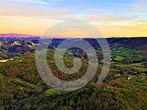 Colours explosion, sunset, sky, nature, vegetation, environmen, romantic and magic view, hills and land in Viterbo province, Italy