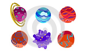 Colroful fantasy alien planets set, cosmic, space elements for game design vector Illustration on a white background