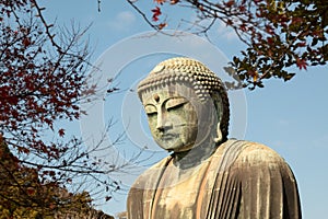 Colse up of Daibutsu statue at Kotoku-in Temple; Monumental outdoor bronze statue of Amida Buddha