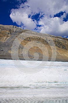 The Columbia ice field at Canadian Rockies, and the view of the glacier