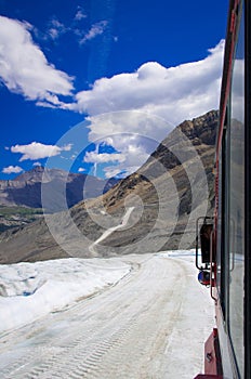 The Columbia ice field at Canadian Rockies, and the view of the glacier