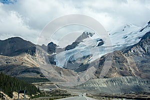 Columbia Icefield and Athabasca Glacier from the Icefields Parkway in Banff National park Alberta Canada