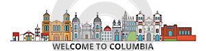 Columbia outline skyline, columbian flat thin line icons, landmarks, illustrations. Columbia cityscape, columbian travel