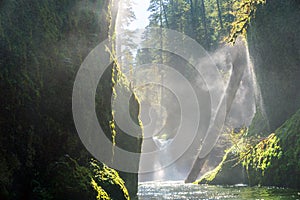 Columbia River Gorge - Hood River, Oregon. Sun shines on Small waterfall and forest stream