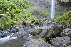 Columbia River Gorge waterfall and greens.