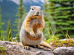 Columbian Ground Squirrel sitting on the ground in Canadian Rock