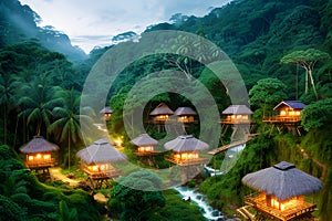 A Columbian village scene in the thick rain forest generated by ai