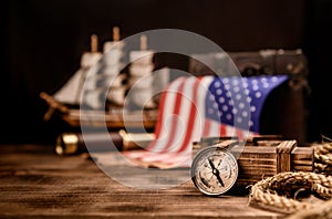 Columbus Day background. Map and discovery of old equipment. Exploration and history of America