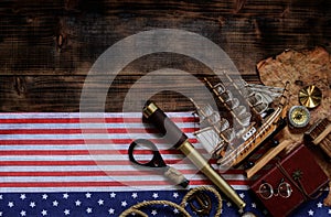 Columbus Day background. Map and discovery of old equipment. Exploration and history of America