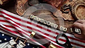 Columbus Day background. Map and discovery of old equipment. Exploration and history of America