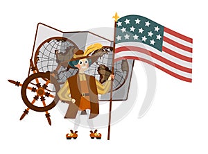 Columbus Day poster with Columb holding flag