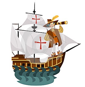 Columbus Day poster with Columb looking at spyglass