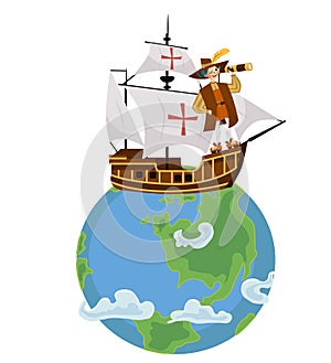 Columbus Day poster with Columb sailing on ship