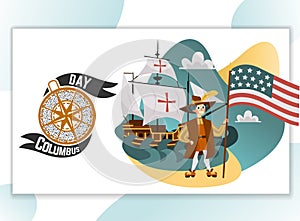 Columbus Day poster with Columb and Santa Maria card text logo design template,