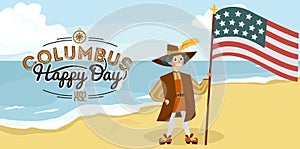 Columbus Day poster with Columb and Santa Maria card text logo design template,