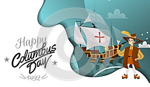 Columbus Day poster with Columb and Santa Maria card text logo design template,