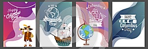 Columbus Day set with ship map helm compass symbols greeting card lettering text logo design