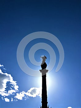 The Columbus Monument and the light in Barcelona city, Spain. Art, history and elevation