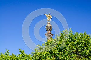 Columbus Monument to Christopher Columbus at lower end of La Rambla on embankment near port of Barcelona