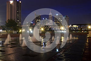 Columbus, Ohio - USA - August 28, 2016: Water Fountain and Columbus Skyline at Night