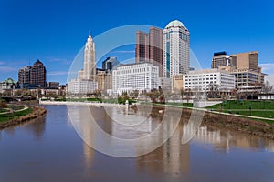 Columbus Ohio waterfront skyline after flood on river scioto