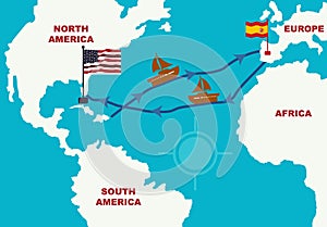 Columbus Routes Map from Europe to America. World Map With Columbus Route Sailing ship. Columbus Day Infographic Discovery of