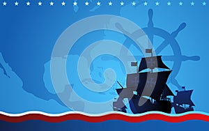 Columbus ship, La Santa Maria, Pinta and Nina sailing across the vast ocean on blue background
