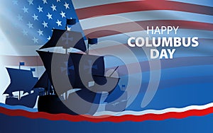 Columbus ship, La Santa Maria, Pinta and Nina sailing across the vast ocean on USA flag background