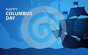 Columbus ship sailing across the vast ocean on blue background