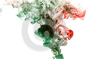 Column clouds of smoke and patterns texture of different forms of red and green colors with tongues of flame on a white isolated
