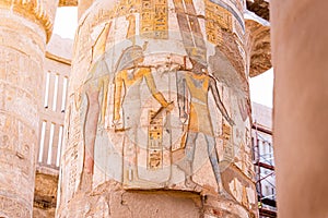 Column with colorful hieroglyphs in a temple in Egypt