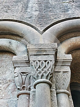 Column decoration and stone carving at Penrhyn castle in mock gothic style