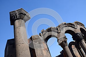 Column with eagle figure at Zvartnots temple ruins,Armenia