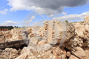 The column  fragment on the remains of the Maresha city in Beit Guvrin, near Kiryat Gat, in Israel