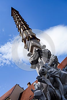 The column of Francesco Robba Fountain of Three Carniolan Rivers during reconstruction at Mestni trg town square in Ljubljana,