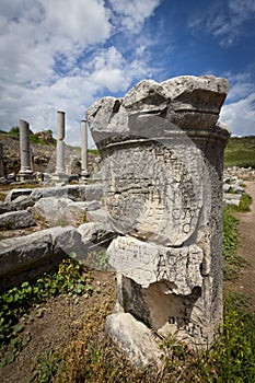 Column with Greek Text at Perga in Turkey photo