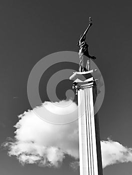 The column of Lady Victory in Irpin, Ukraine in black & white - Kyiv - Ukraine - Irpin